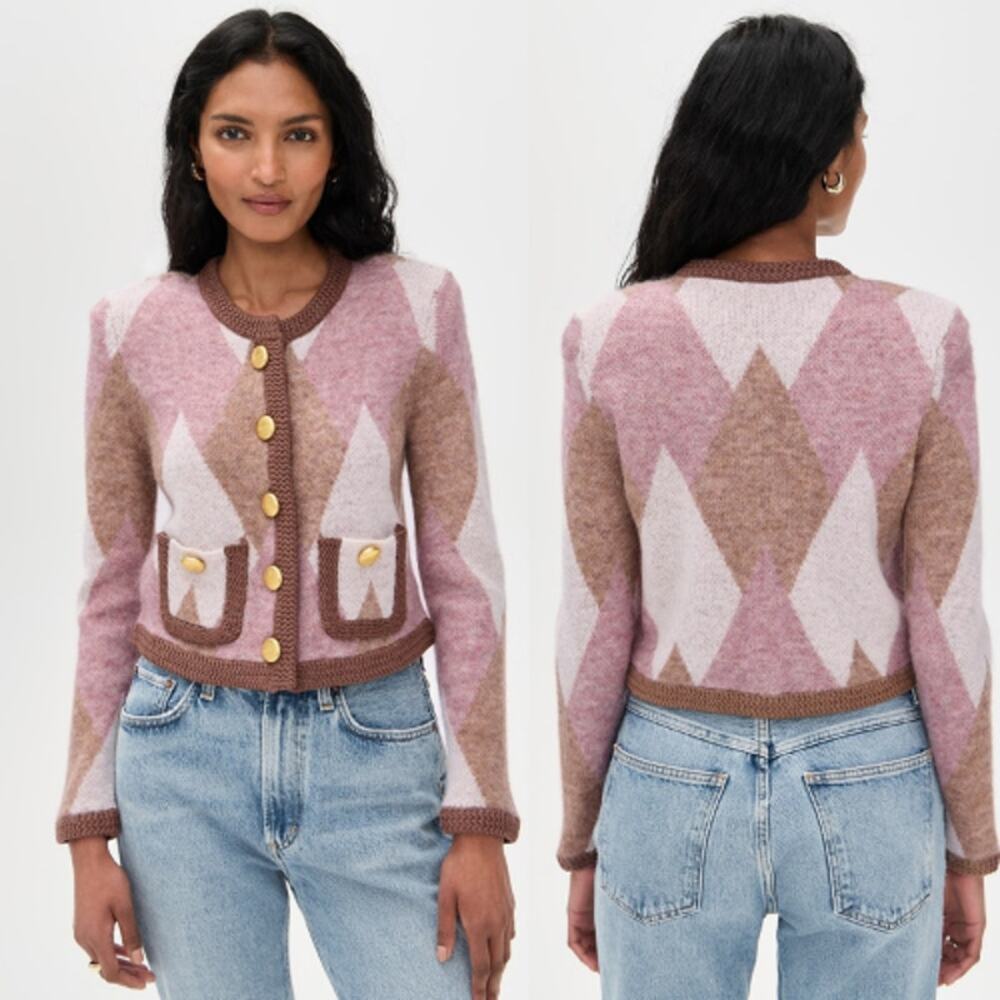 NEW L'agence Siobhan Fuzzy Argyle Cardigan Natural Mauve Argyle Size: XS